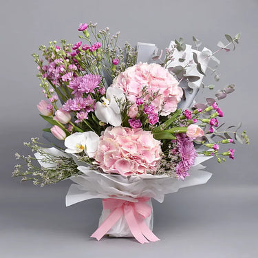 Pink Forest Blooms, Light Pink Hydrangea, Light Pink Mathiola, Purple Carnation Spray Filler, Light Pink Tulip